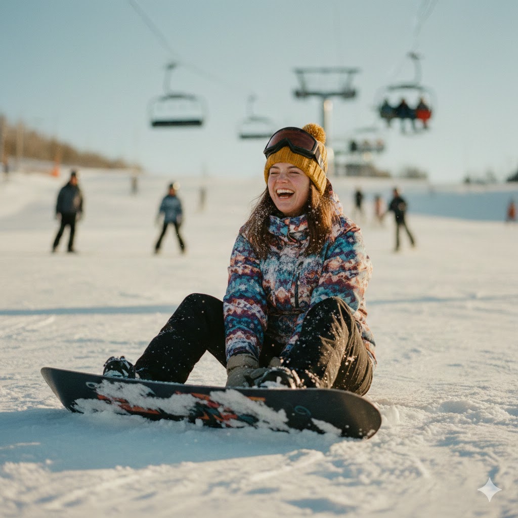ragazza ride a fare snowboard low cost perchè difficile ma può essere divertente imparare
